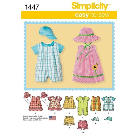 Simplicity 1447 Easy-To-Sew Pattern For Babies Romper Dresses Panties And Hats - Picture 1 of 3